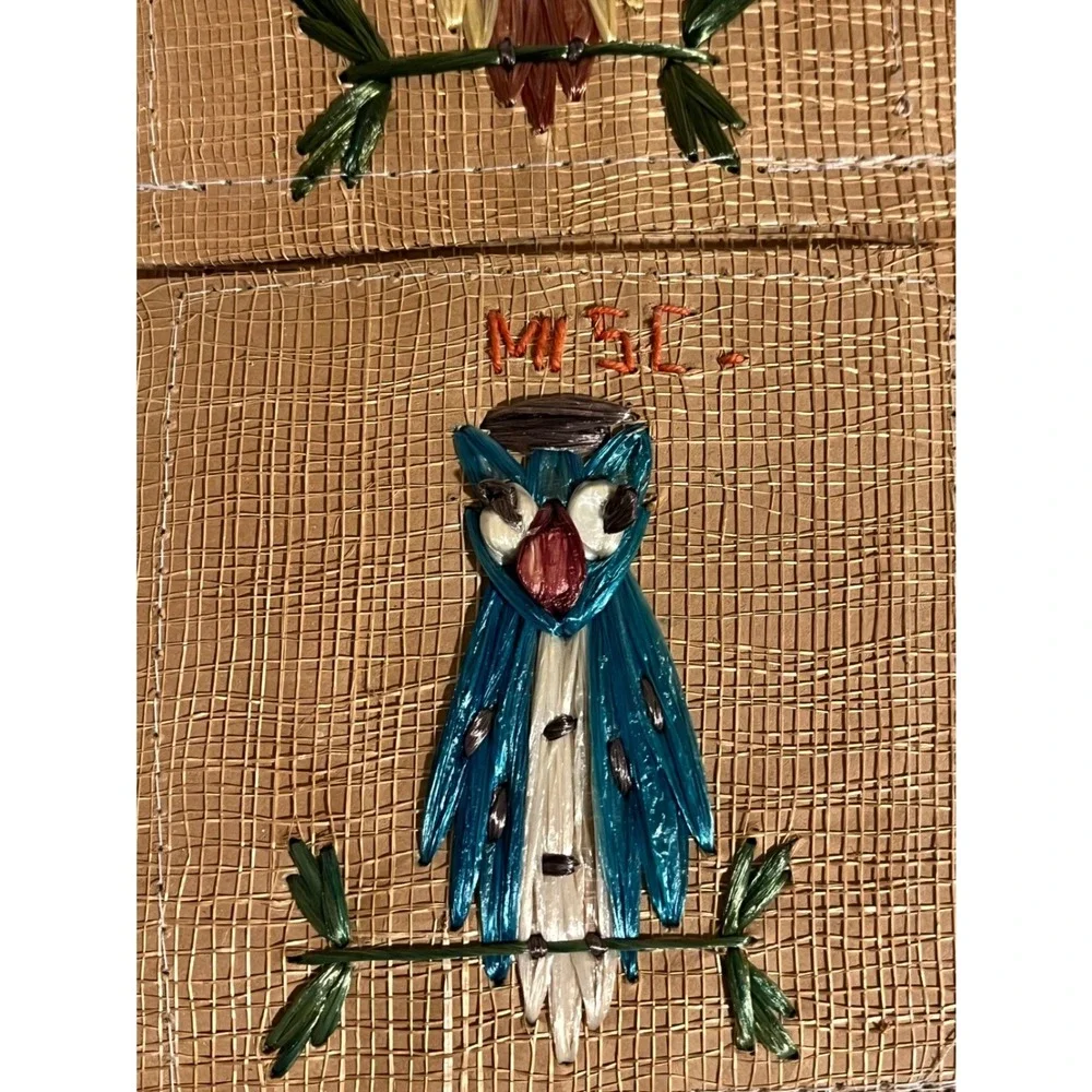 Vintage Woven Straw Owl Mail Organizer Wall Hanging 3 Pocket Raffia Boho 70s